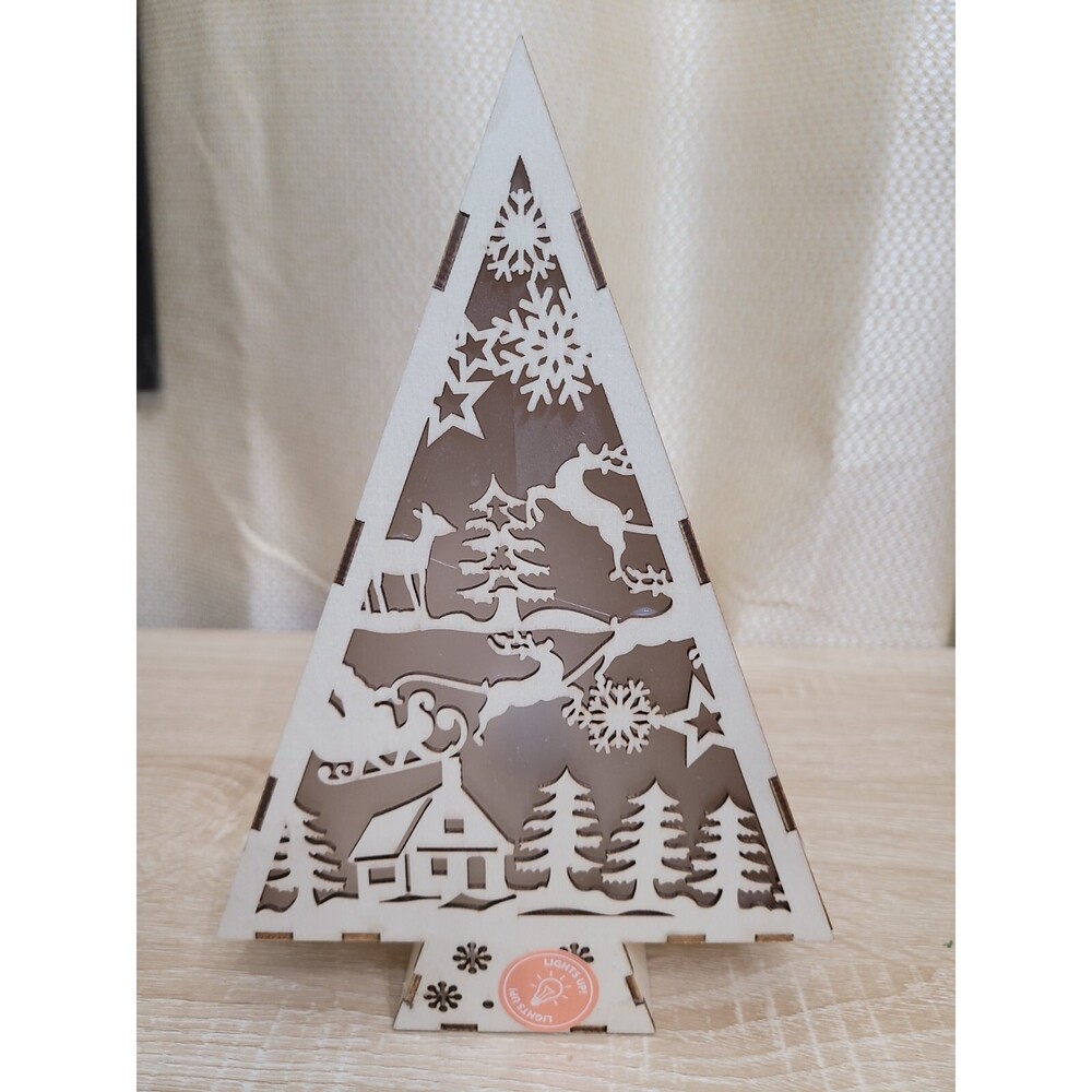 Wood Christmas Tree Santa Reindeer Shaped Lantern LED Decor Lights Up!!
